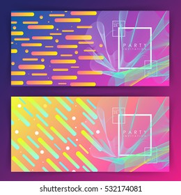 Party invitation or poster template. Two variations. gradient background. Intertwined colorful lines. Flat design. Geometric elements. Abstract illustration. Rectangle. Minimalism. Glow.