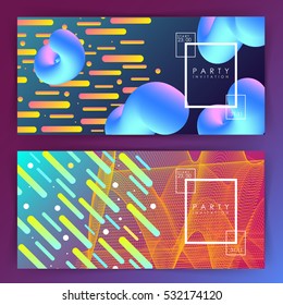 Party invitation or poster template. Two variations. gradient background. Intertwined colorful lines. Flat design. Geometric elements. Abstract illustration. Rectangle. Minimalism. Glow.