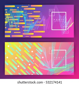 Party invitation or poster template. Two variations. gradient background. Intertwined colorful lines. Flat design. Geometric elements. Abstract illustration. Rectangle. Minimalism. Glow