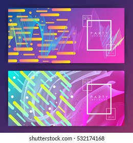 Party invitation or poster template. Two variations. gradient background. Intertwined colorful lines. Flat design. Geometric elements. Abstract illustration. Rectangle. Minimalism. Glow.