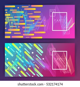 Party invitation or poster template. Two variations. gradient background. Intertwined colorful lines. Flat design. Geometric elements. Abstract illustration. Rectangle. Minimalism. Glow.
