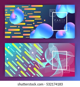 Party invitation or poster template. Two variations. gradient background. Intertwined colorful lines. Flat design. Geometric elements. Abstract illustration. Rectangle. Minimalism. Glow.