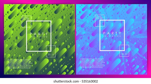 Party invitation or poster template. Two variations. gradient background. Intertwined colorful lines. Flat design. Geometric elements. Abstract illustration. Rectangle. Minimalism. Glow