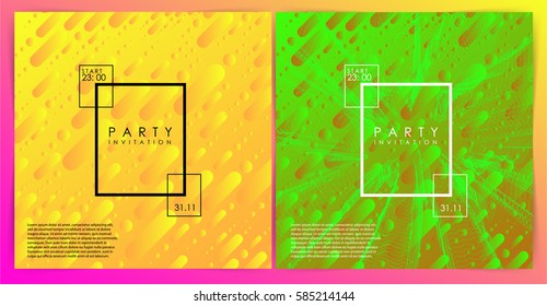 Party invitation or poster template. Two variations. gradient background. Intertwined colorful lines. Flat design. Geometric elements. Abstract illustration. Rectangle. Minimalism. Glow