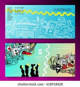 Party invitation or poster template. Two variations. gradient background. Hipster style. Cartoons. Doodle. Music party