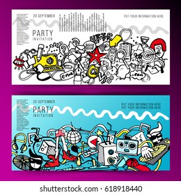 Party invitation or poster template. Two variations. gradient background. Hipster style. Cartoons. Doodle. Music party. Party invitation.Party invitation. Hipster style. 