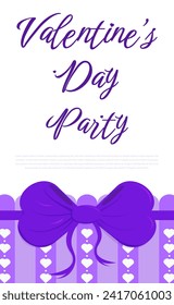 Party invitation with purple bow and hearts. Valentine's Day. Party invitation card. Template. Flat style. Border.