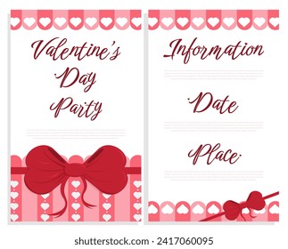 Party invitation with red bow and hearts. Two sides. Valentine's Day. Party invitation card. Template. Flat style. Border.