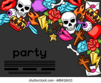 Party invitation with retro tattoo symbols. Cartoon old school illustration.