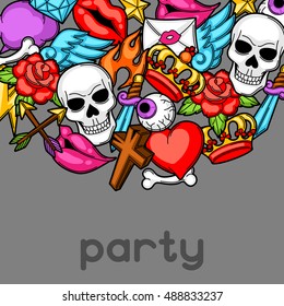 Party invitation with retro tattoo symbols. Cartoon old school illustration.