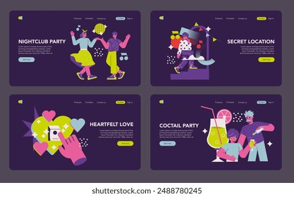 Party invitation set. Four vibrant scenes of diverse celebrations and festive emotions. Dancing, secrecy, romance, and socializing themes. Vector illustration.