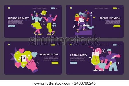 Party invitation set. Four vibrant scenes of diverse celebrations and festive emotions. Dancing, secrecy, romance, and socializing themes. Vector illustration.
