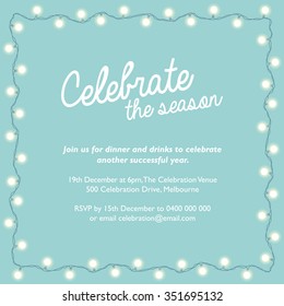 Party Invitation With A String Of Illuminated Fairy Lights Around The Border On A Teal Background. Celebrate The Season.