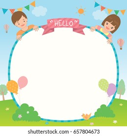 Party invitation template design with cute kids boy and girl on park background.