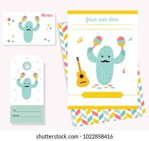 Party invitation template with funny cartoon cactus