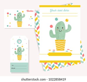 Party invitation template with funny cartoon cactus