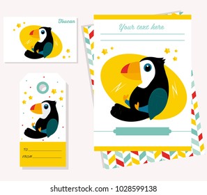 Party invitation template with funny cartoon toucan