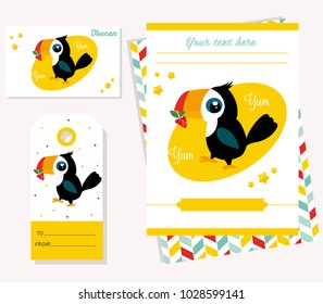 Party invitation template with funny cartoon toucan