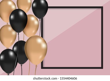 Party invitation template, Gold and black balloons on pink background, Vector Illustration