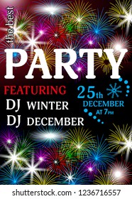 Party invitation template. Holiday background with sparkling colorful fireworks for poster or banner. Vector illustration.
