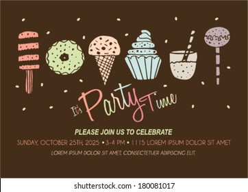 Party Invitation Template with Ice Cream, Cupcakes, Popsicle Donuts.