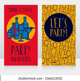 Party invitation templates with bottles and cacktails, can be used as banners for bar, 70s style colors, vector illustration