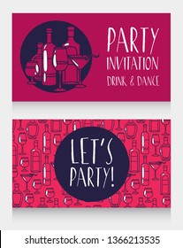 Party invitation templates with bottles and cacktails, can be used as banners for bar, vector illustration