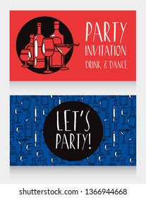 Party invitation templates with bottles and cacktails, can be used as banners for bar, blue and red backgrounds, vector illustration