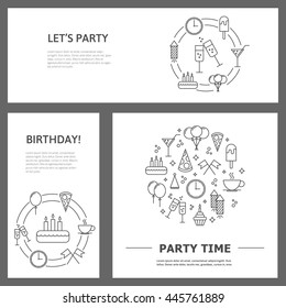 Party invitation templates. Modern party line icons. Design element for flyer, banner or greeting card. Vector illustration.