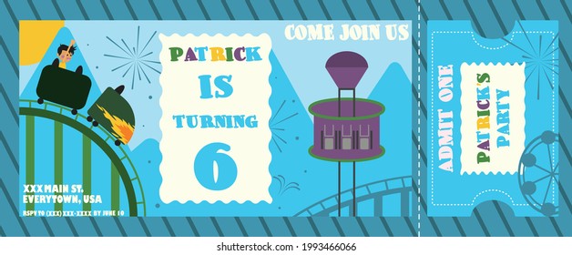 Party invitation templates, vector illustration. Funny Card ticket kids invitation to theme park.