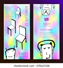 Party invitation. Two variations. Holographic background. Flat design. Doodle hand drawn elements. Abstract illustration. Rectangle. Minimalism