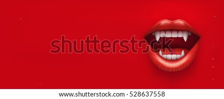 Party Invitation with vampire mouth open red lips and long teeth. Horizontal banner. Vector Illustration banner