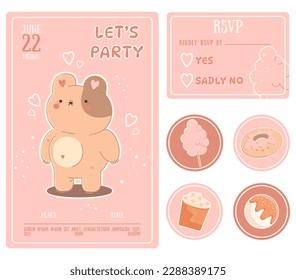 Plantilla vectorial de invitación de fiesta, cumpleaños, Rsvp y stickers. Plantilla con bonitos osos de peluche y dulces.
