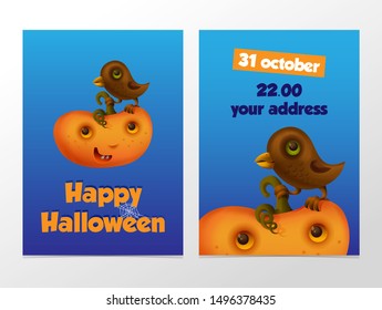 Party invitation vector template. Happy Halloween. Pumpkin and crow.