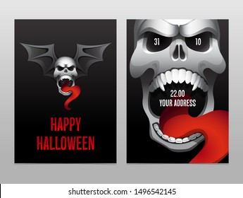 Party invitation vector template. Happy Halloween. Evil skull with wings, open mouth and tongue.