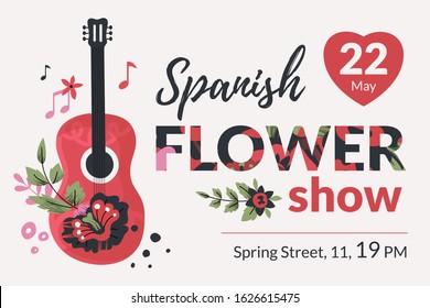 Party invitation vector template in Spanish style with guitar, red and black flowers and space for text.