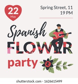 Party invitation vector template in Spanish style with guitarist, red and black flowers and space for text.