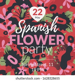 Party invitation vector template in Spanish style with red and black flowers and space for text.