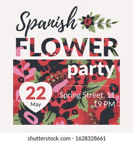 Party invitation vector template in Spanish style with red and black flowers and space for text.