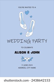 Party invitation, wedding day, bride's white shoes.