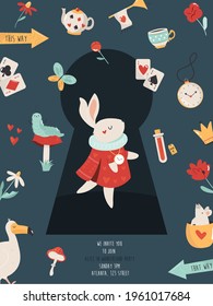 Party invitation with white rabbit and other symbols of famous fairy tale. Vector illustration