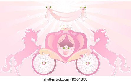 The party invitation.Princesslike.Pink.With carriage and unicorns.