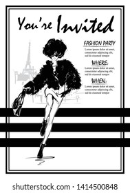 Party Invitations with fashion woman in sketch style. Custom invitations for any party.