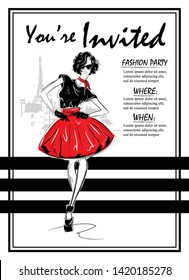 Party Invitations with fashion woman in sketch style. Custom invitations for any party.