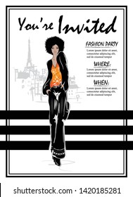 Party Invitations with fashion woman in sketch style. Custom invitations for any party.