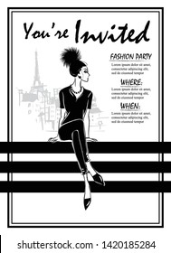 Party Invitations with fashion woman in sketch style. Custom invitations for any party.