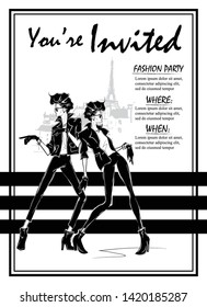 Party Invitations with fashion woman in sketch style. Custom invitations for any party.