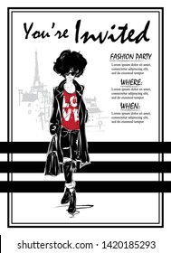 Party Invitations with fashion woman in sketch style. Custom invitations for any party.