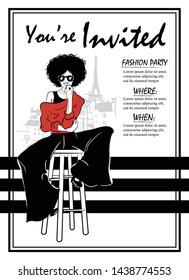 Party Invitations with fashion woman in sketch style. Custom invitations for any party.