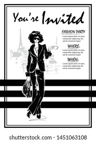 Party Invitations with fashion woman in sketch style. Custom invitations for any party.